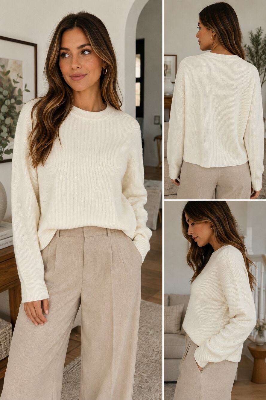 Quiet Luxury Ivory Ribbed Crewneck Sweater XL Minimalist Capsule Wardrobe